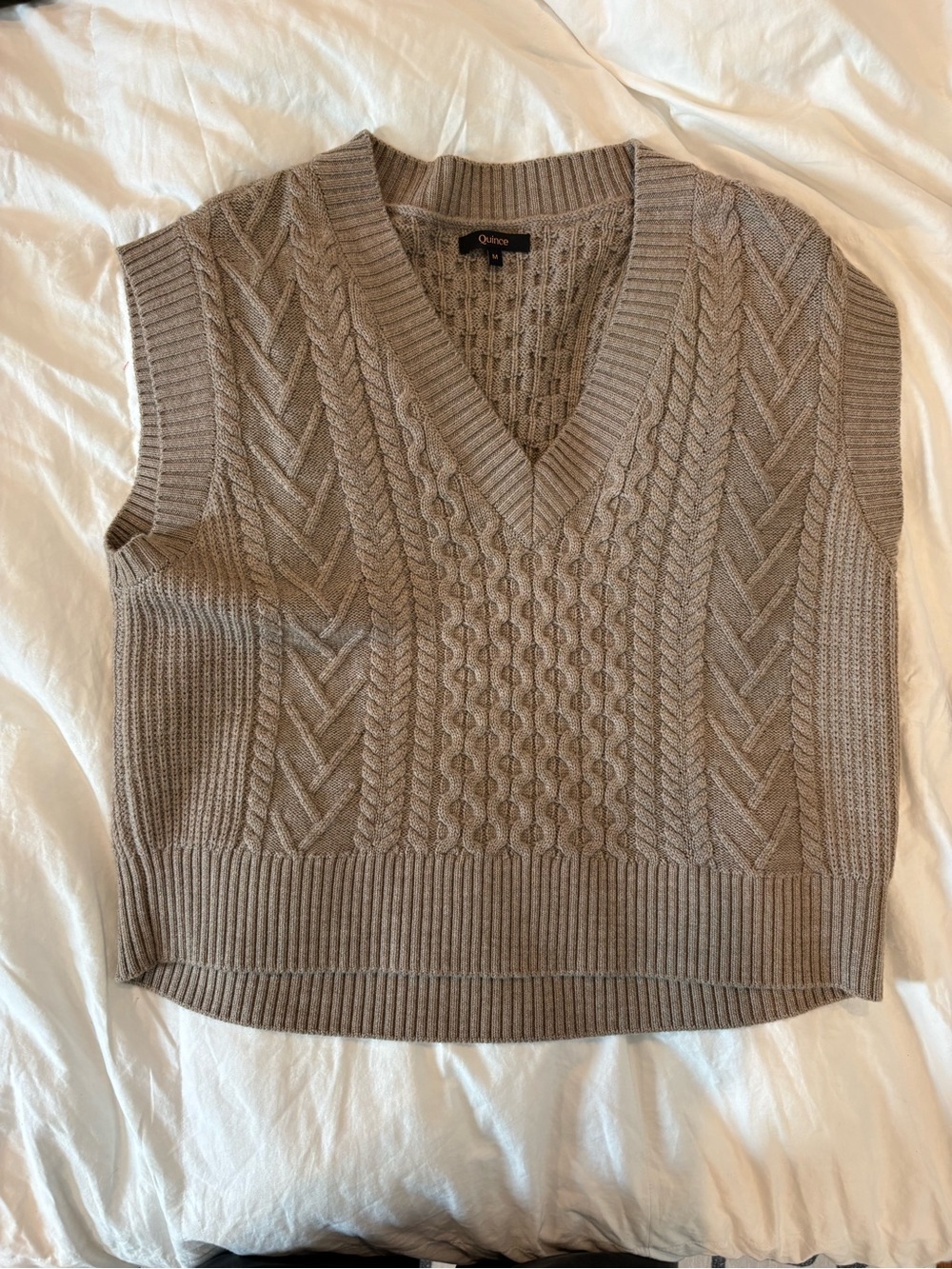 Quince Men's Cable V-Neck Sweater Vest in Taupe